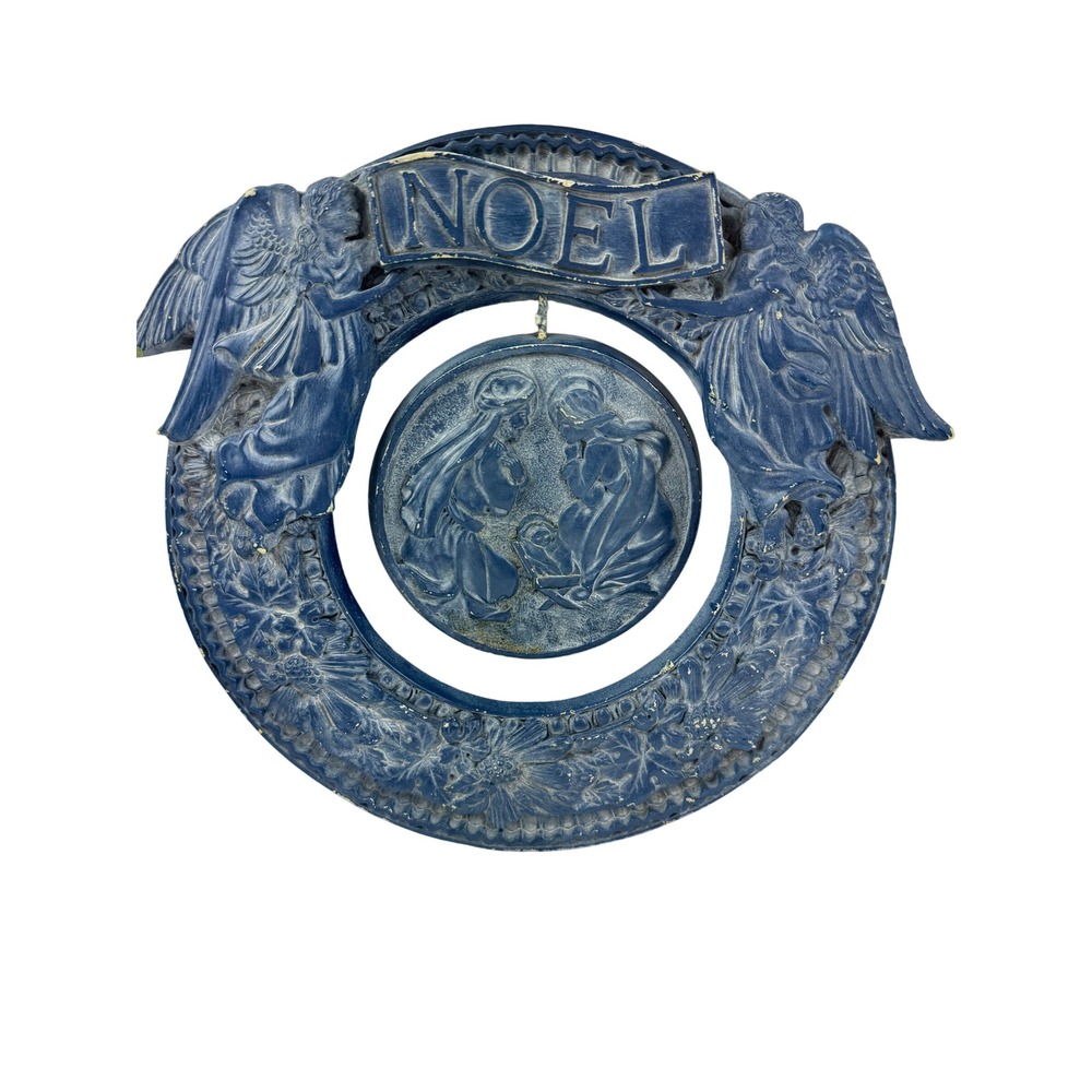 Vintage‎ Noel Christmas Nativity Wall Plaque Blue Angels Wreath Decor Relief